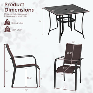 5 Pieces Patio Dining Set for 4 Outdoor Square Table and Stackable Chairs-Brown view 5