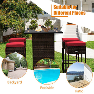 5 Pieces Patio Rattan Bar Table Stool Set Hidden Storage Shelf Cushioned-Red view 6