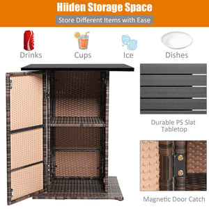 5 Pieces Patio Rattan Bar Table Stool Set Hidden Storage Shelf Cushioned-Red view 7