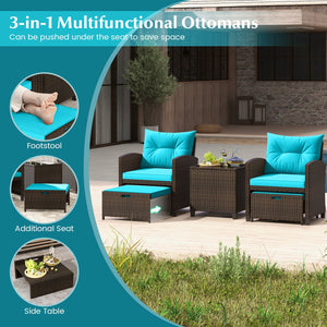 5 Pieces Patio Rattan Furniture with 2 Ottomans and Tempered Glass Coffee Table-Turquoise view 9