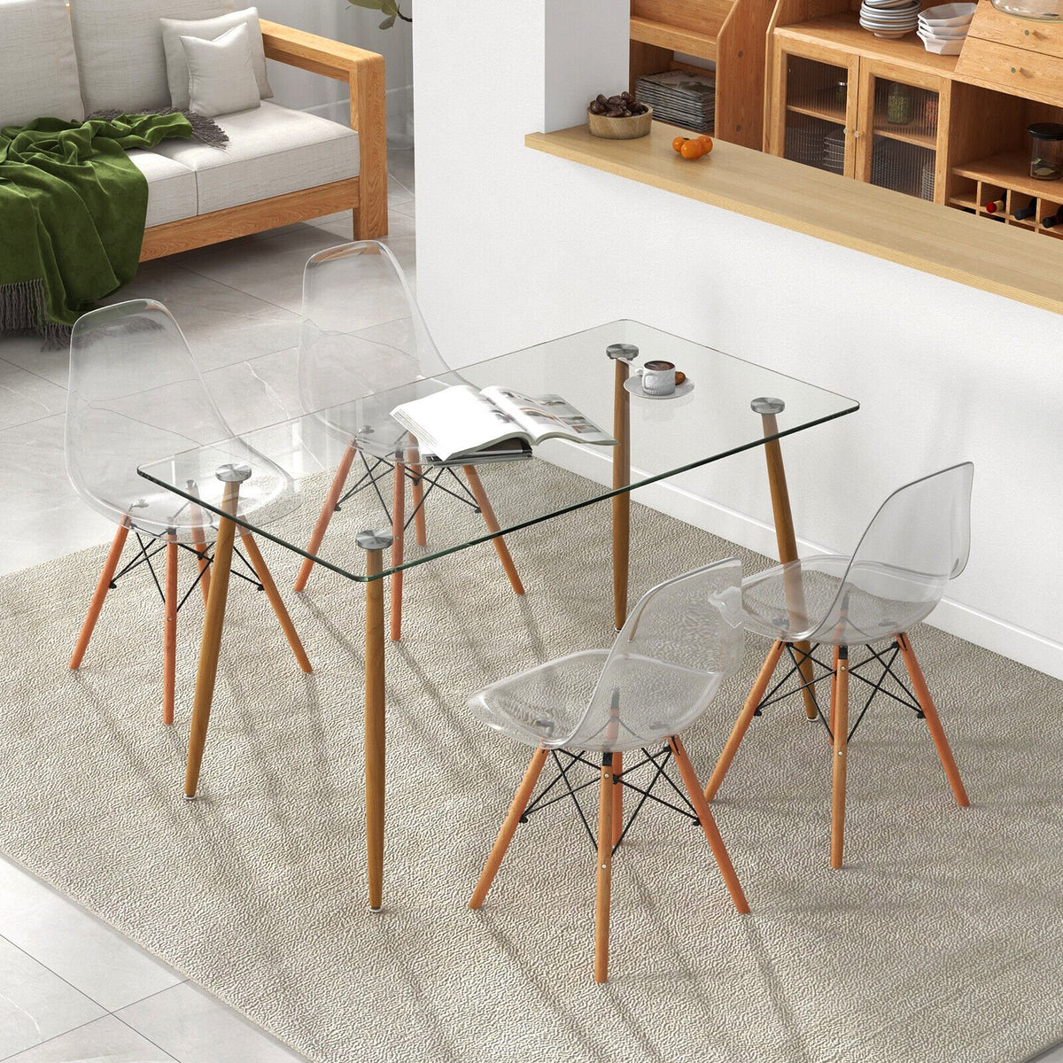 5 Pieces Rectangle Dining Table Set with 51 Inch Glass Tabletop-Transparent view 2