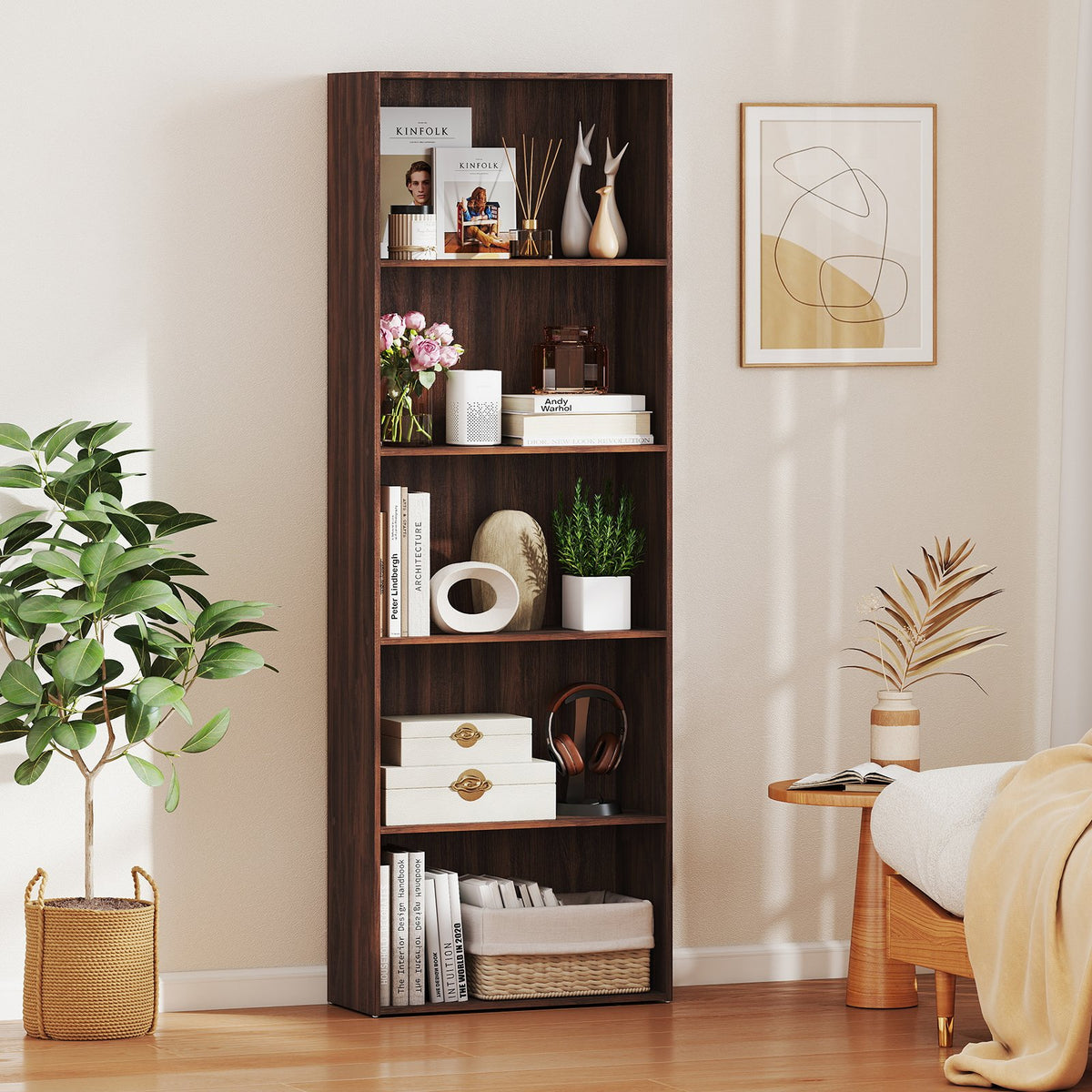 5-Shelf Storage Bookcase Modern Multi-Functional Display Cabinet Furniture-Walnut view 2