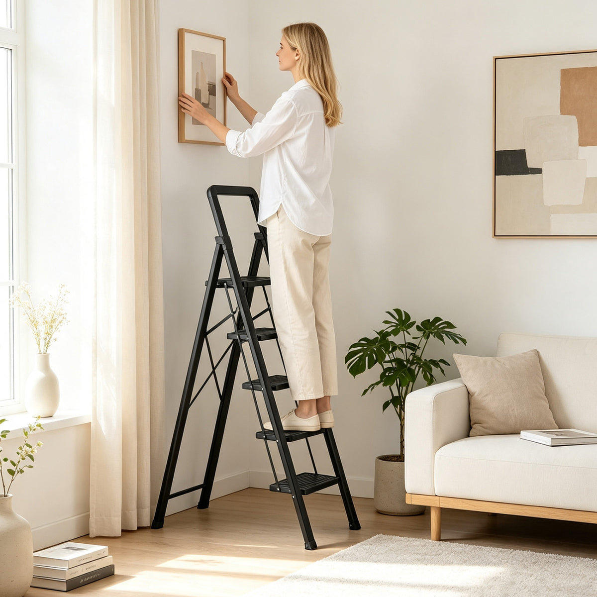 5 Step Black Folding Step Stool with Wide Anti-slip Pedals view 2