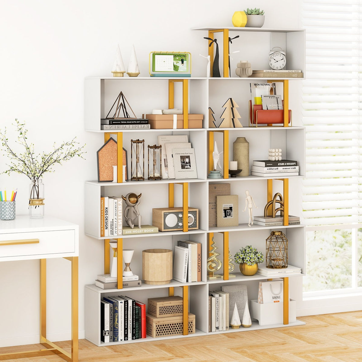 5-Tier/6-Tier Geometric Bookcase with Metal Frame and Anti-tipping Kits-6-Tier view 2