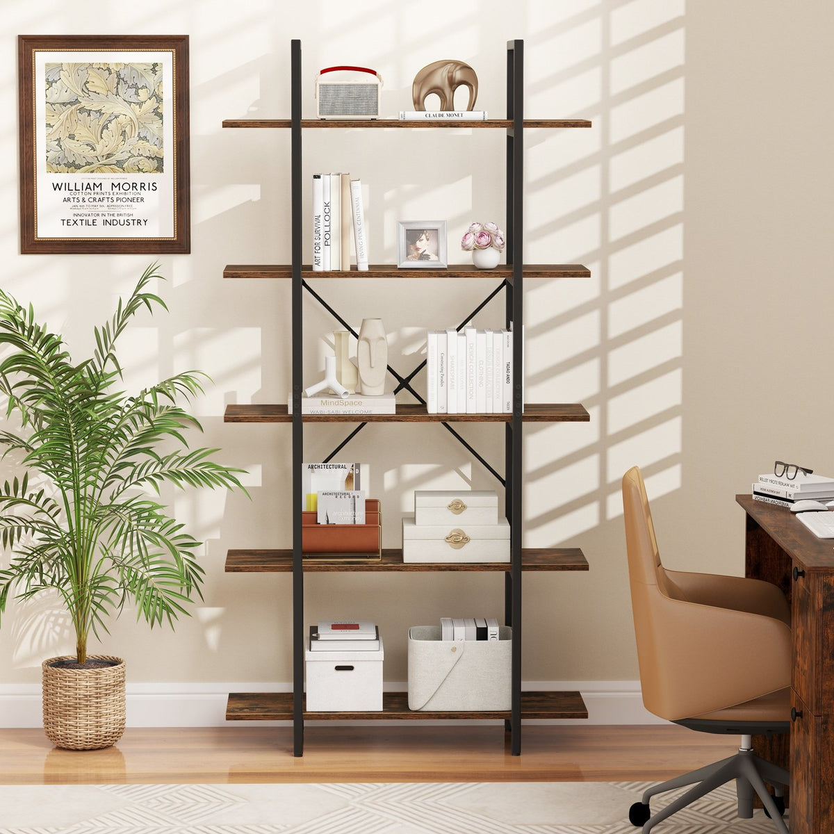 5-Tier 62 Inch Tall Vintage Industrial Bookcase with Open Storage Shelves-Rustic Brown view 2