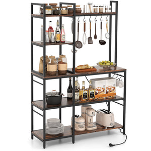 5-Tier Bakers Rack with Power Outlets and 10 S-Shaped Hooks-Rustic Brown view 4