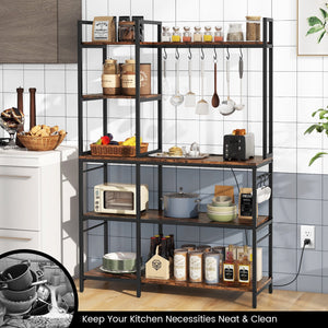 5-Tier Bakers Rack with Power Outlets and 10 S-Shaped Hooks-Rustic Brown view 6