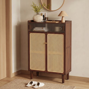 5-Tier Bamboo Shoe Cabinet with Woven Rattan Doors and Sliding Doors for Entryway-Walnut view 3