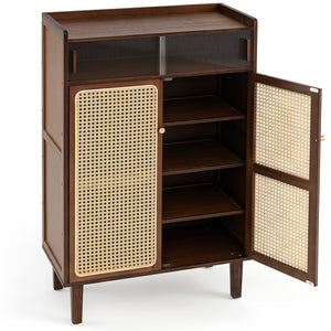 5-Tier Bamboo Shoe Cabinet with Woven Rattan Doors and Sliding Doors for Entryway-Walnut view 4