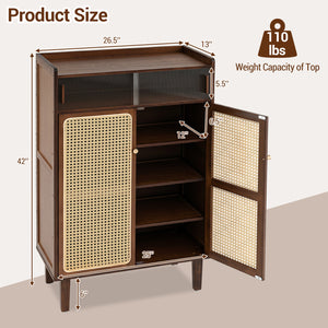 5-Tier Bamboo Shoe Cabinet with Woven Rattan Doors and Sliding Doors for Entryway-Walnut view 5