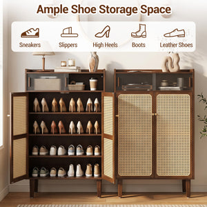 5-Tier Bamboo Shoe Cabinet with Woven Rattan Doors and Sliding Doors for Entryway-Walnut view 6
