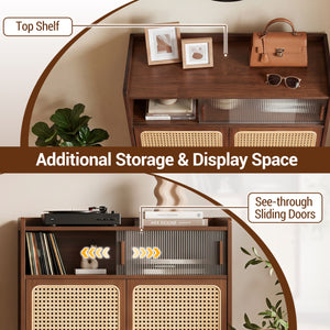 5-Tier Bamboo Shoe Cabinet with Woven Rattan Doors and Sliding Doors for Entryway-Walnut view 7