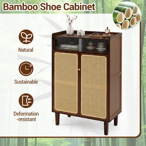 5-Tier Bamboo Shoe Cabinet with Woven Rattan Doors and Sliding Doors for Entryway-Walnut view 8