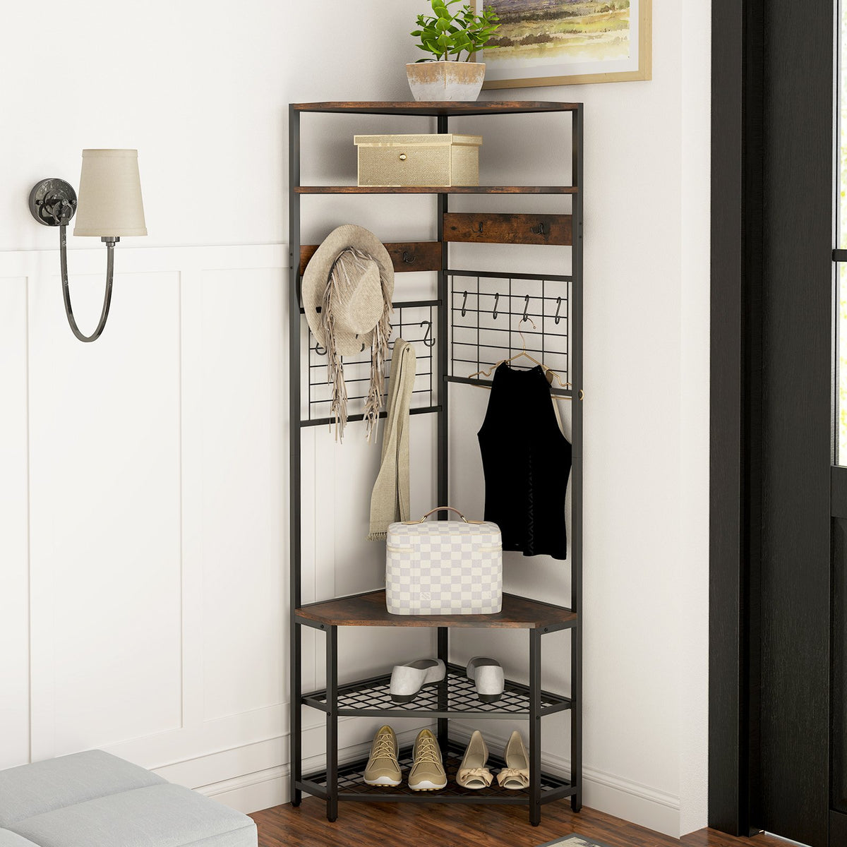 5-Tier Corner Hall Tree with Shoe Storage Bench-Rustic Brown view 2