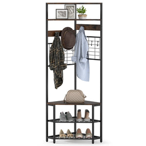 5-Tier Corner Hall Tree with Shoe Storage Bench-Rustic Brown view 4