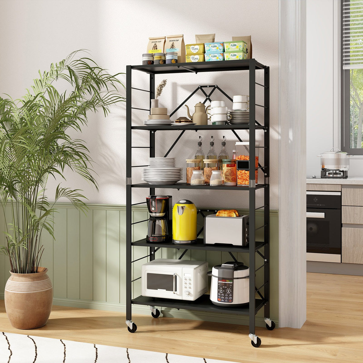 5-Tier Foldable Storage Shelf with Wheels-Black view 2