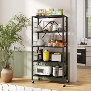 5-Tier Foldable Storage Shelf with Wheels-Black view 2