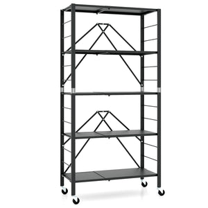 5-Tier Foldable Storage Shelf with Wheels-Black view 3