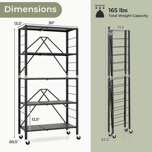 5-Tier Foldable Storage Shelf with Wheels-Black view 4