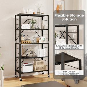 5-Tier Foldable Storage Shelf with Wheels-Black view 6