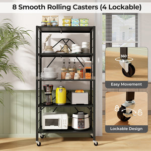 5-Tier Foldable Storage Shelf with Wheels-Black view 8