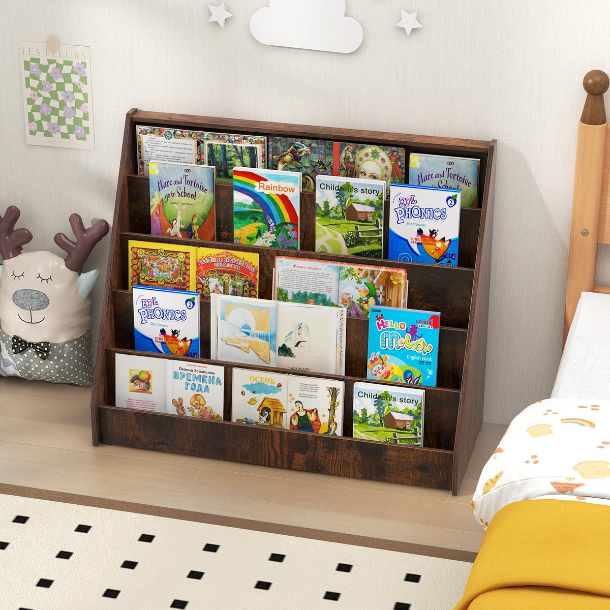5-Tier Kids Bookshelf with Deep Compartments and Stable Baby Book Case-Rustic Brown view 2