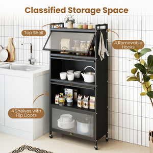 5-Tier Kitchen Storage Cabinet with 4 Flip-up PC Doors Adjustable Feet and Rolling Wheels-Black view 6