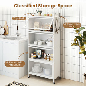 5-Tier Kitchen Storage Cabinet with 4 Flip-up PC Doors Adjustable Feet and Rolling Wheels-White view 6