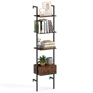 5-Tier Ladder Bookcase with Drawer and Metal Frame for Study Home Office-Rustic Brown view 4