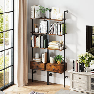 5-Tier Ladder Bookcase with Drawer and Metal Frame for Study Home Office-Rustic Brown view 6