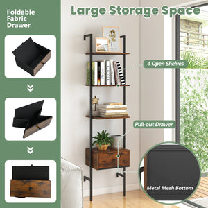 5-Tier Ladder Bookcase with Drawer and Metal Frame for Study Home Office-Rustic Brown view 9