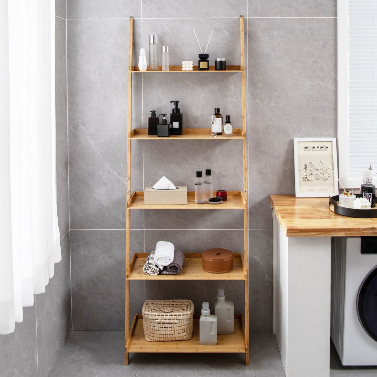 5-Tier Ladder Shelf Bamboo Bookshelf Wall-Leaning Storage Display Plant Stand-Natural view 2
