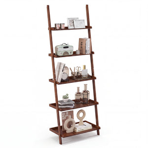 5-Tier Ladder Shelf Bamboo Bookshelf Wall-Leaning Storage Display Plant Stand-Walnut