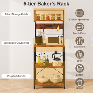 5-Tier Microwave Stand with Power Outlet and 10 S-shape Hooks-Rustic Brown view 7