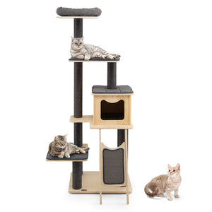 5-Tier Modern Wood Cat Tower with Washable Cushions-Gray view 4
