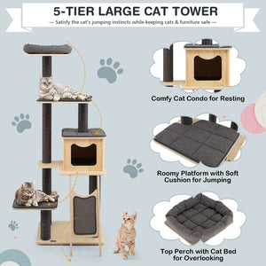 5-Tier Modern Wood Cat Tower with Washable Cushions-Gray view 8