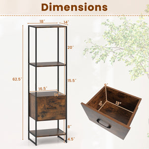 5-Tier Narrow Bookcase with 4 Open Shelves and Storage Drawer-Rustic Brown view 5