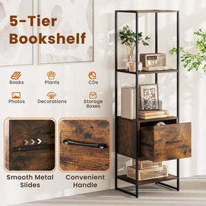 5-Tier Narrow Bookcase with 4 Open Shelves and Storage Drawer-Rustic Brown view 6