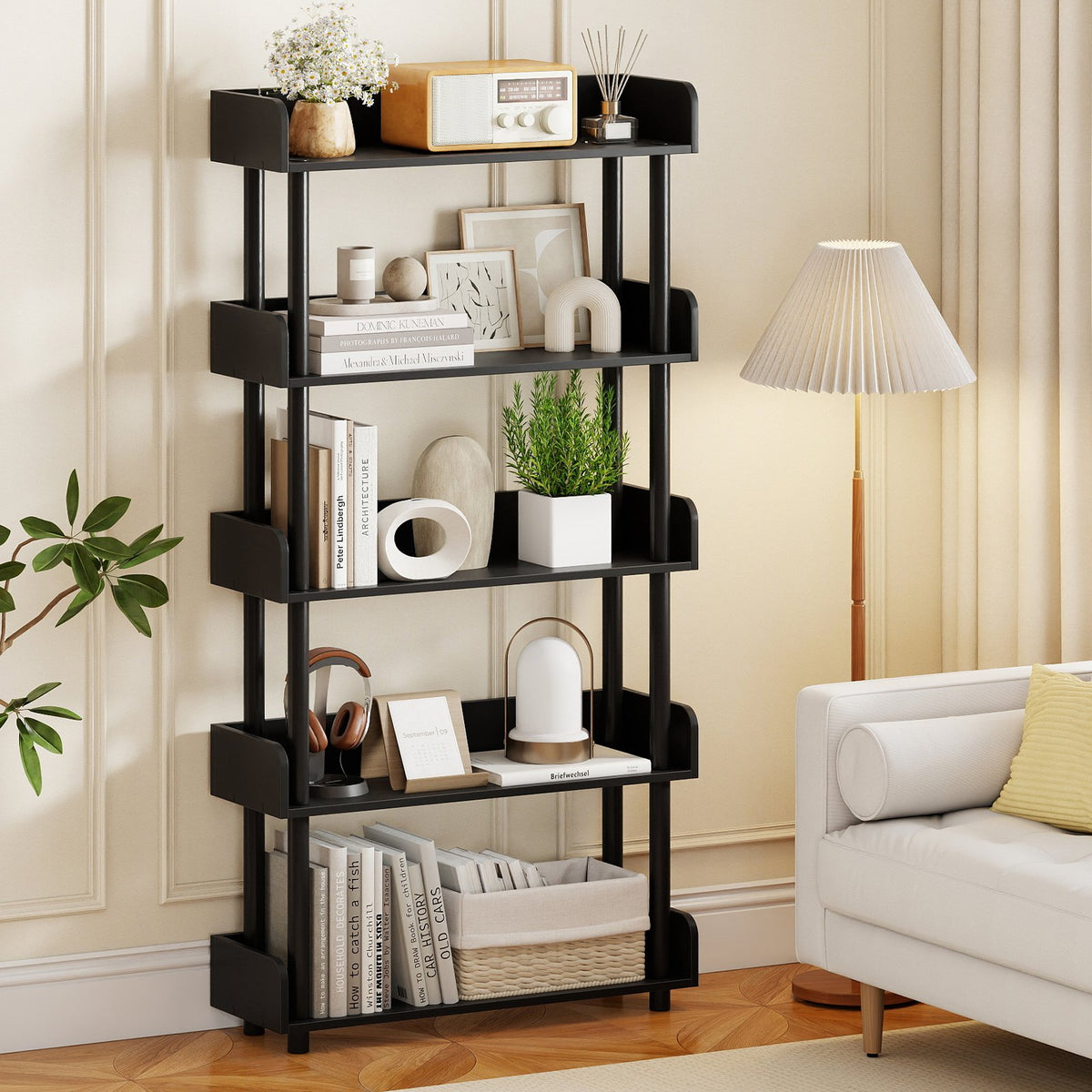 5-Tier Open Bookcase with Industrial Storage Unit-Black view 2