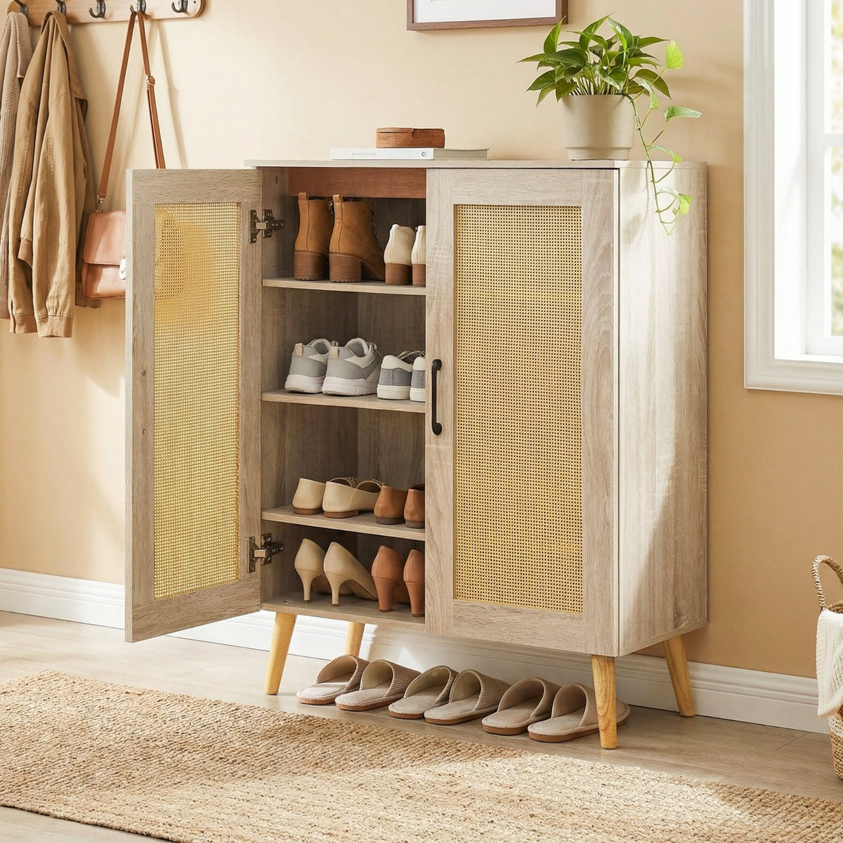 5-Tier Rattan Shoe Cabinet with 3 Removable Shelves-Natural view 2
