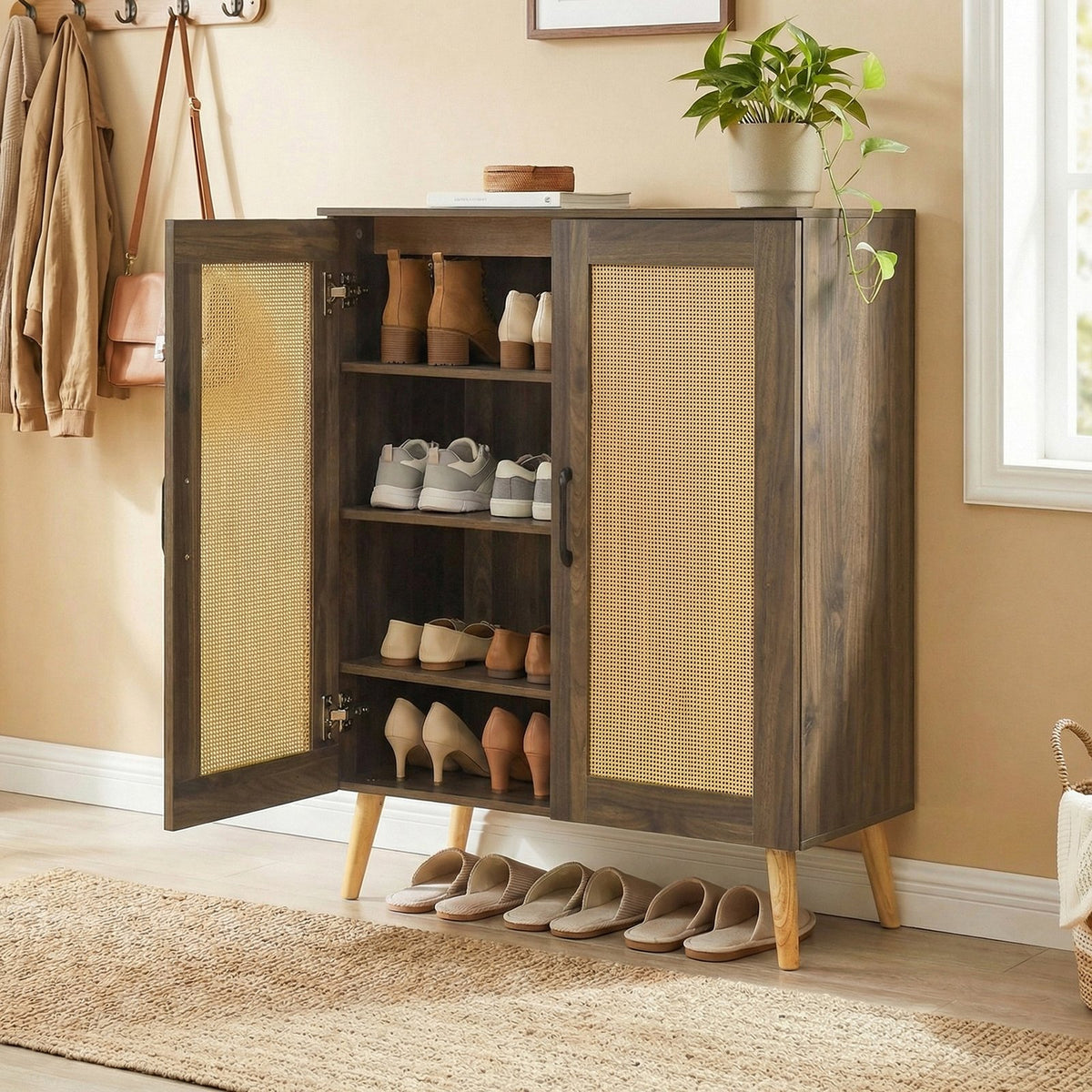 5-Tier Rattan Shoe Cabinet with 3 Removable Shelves-Walnut view 2