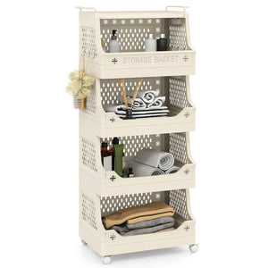 5-Tier Rolling Laundry Basket with Wheels Plastic Storage Cart with Side Hooks view 4