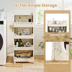5-Tier Rolling Laundry Basket with Wheels Plastic Storage Cart with Side Hooks view 8