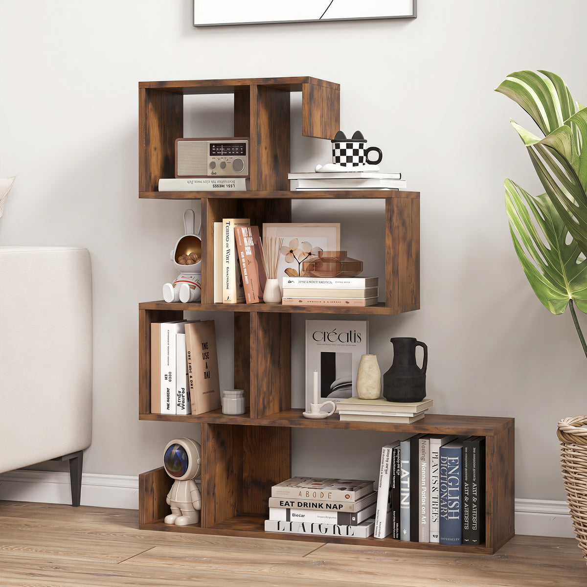 5-Tier S-Shaped Bookshelf Geometric Z-Shelf Bookcase with Open Cubes-Rustic Brown view 2