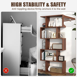5-Tier S-Shaped Bookshelf with Anti-Tip Kit for Living Room Home Office-Walnut view 5