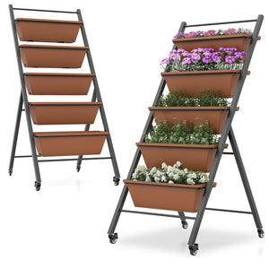 5-Tier Vertical Raised Garden Bed with Wheels and Container Boxes-Brown view 4