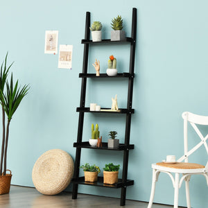5-Tier Wall-leaning Ladder Shelf Display Rack for Plants and Books-Black view 8