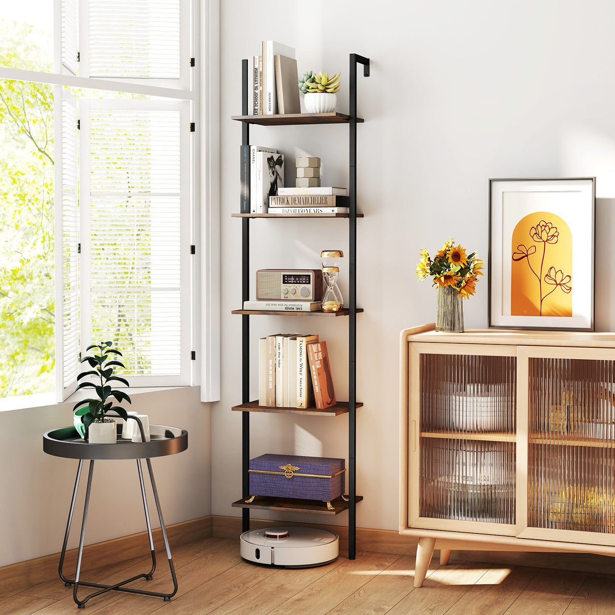 5 Tier Wall Mount Ladder Shelf with Anti-Tipping Kits for Home Office-Rustic Brown view 2