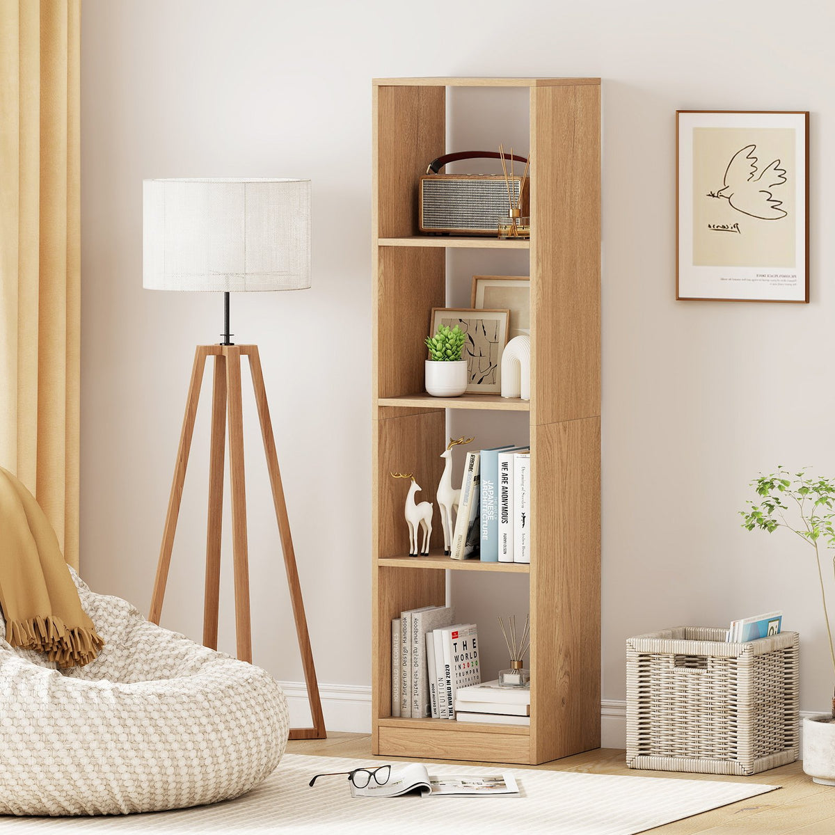 5 Tiers 4-Cube Narrow Bookshelf with 4 Anti-Tipping Kits-Natural view 2