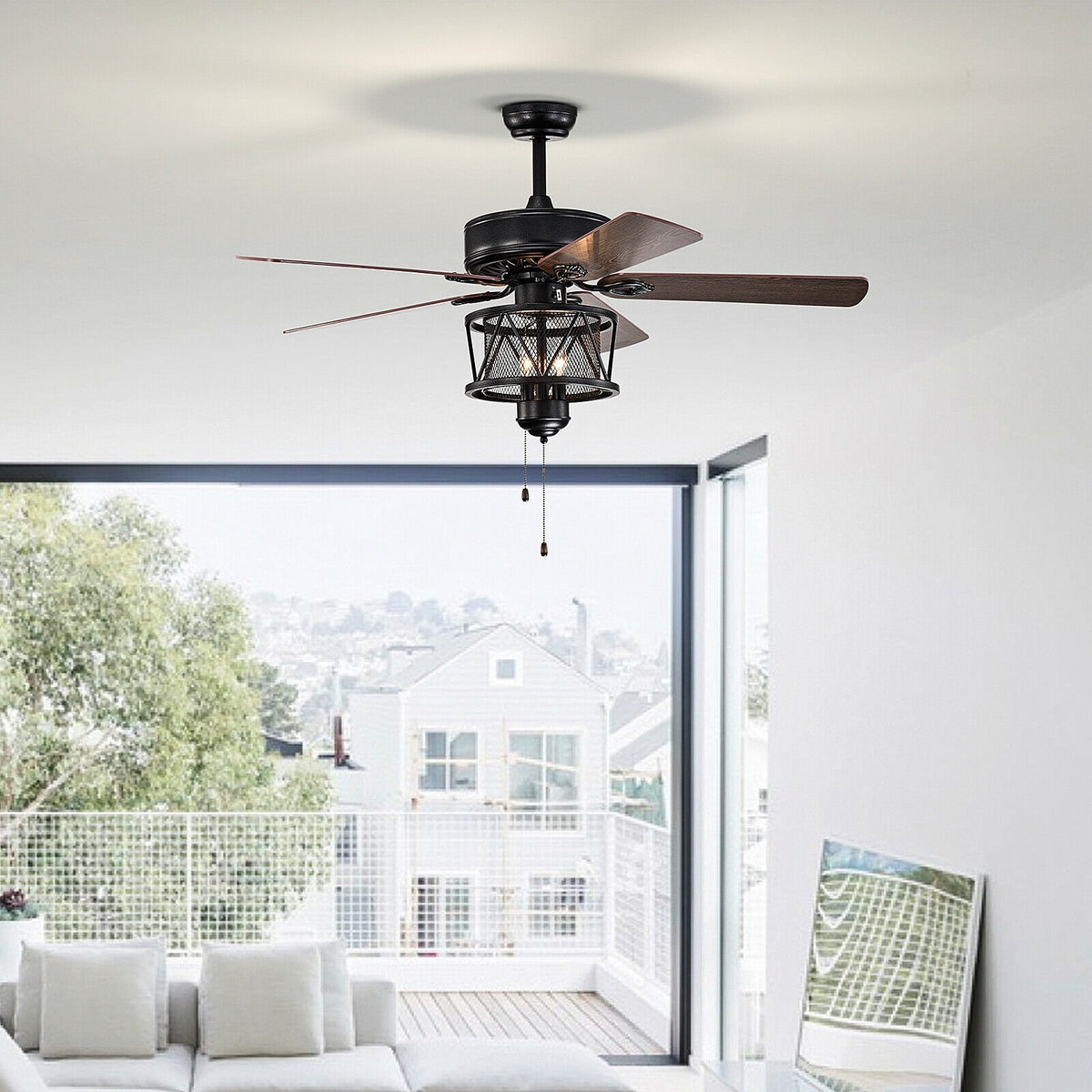 50 Inches Ceiling Fan with Lights Reversible Blades and Pull Chain Control-Black view 2